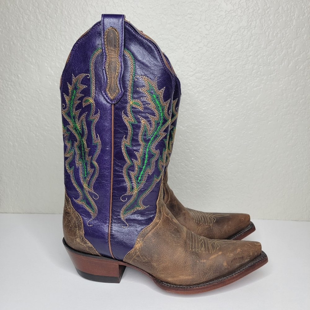 Vintage Nocona Women's Classic Brown & Purple Embroidered Leather Western Boots - Picture 4 of 12